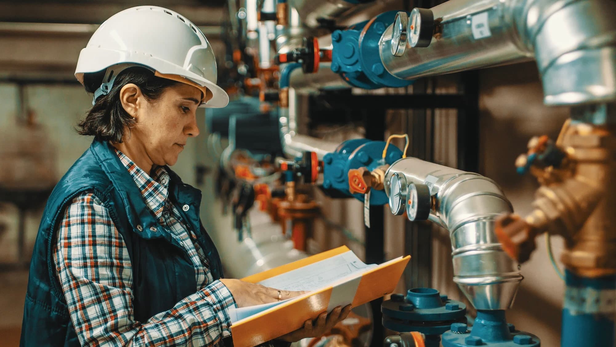 Woman in safety equipment reading technical documents at a work site.