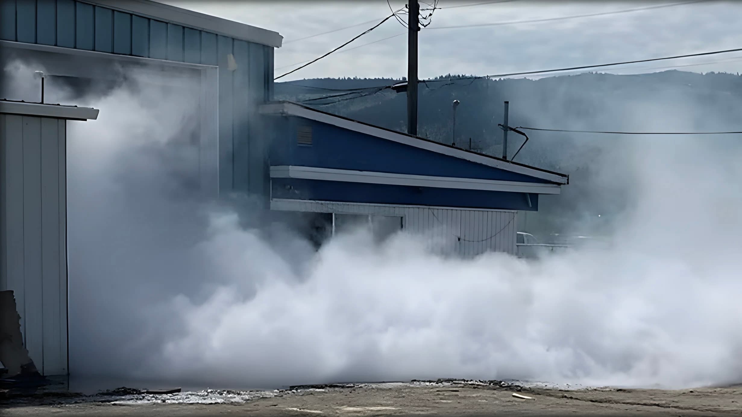Ammonia gas leak with visible gas coming out of a building