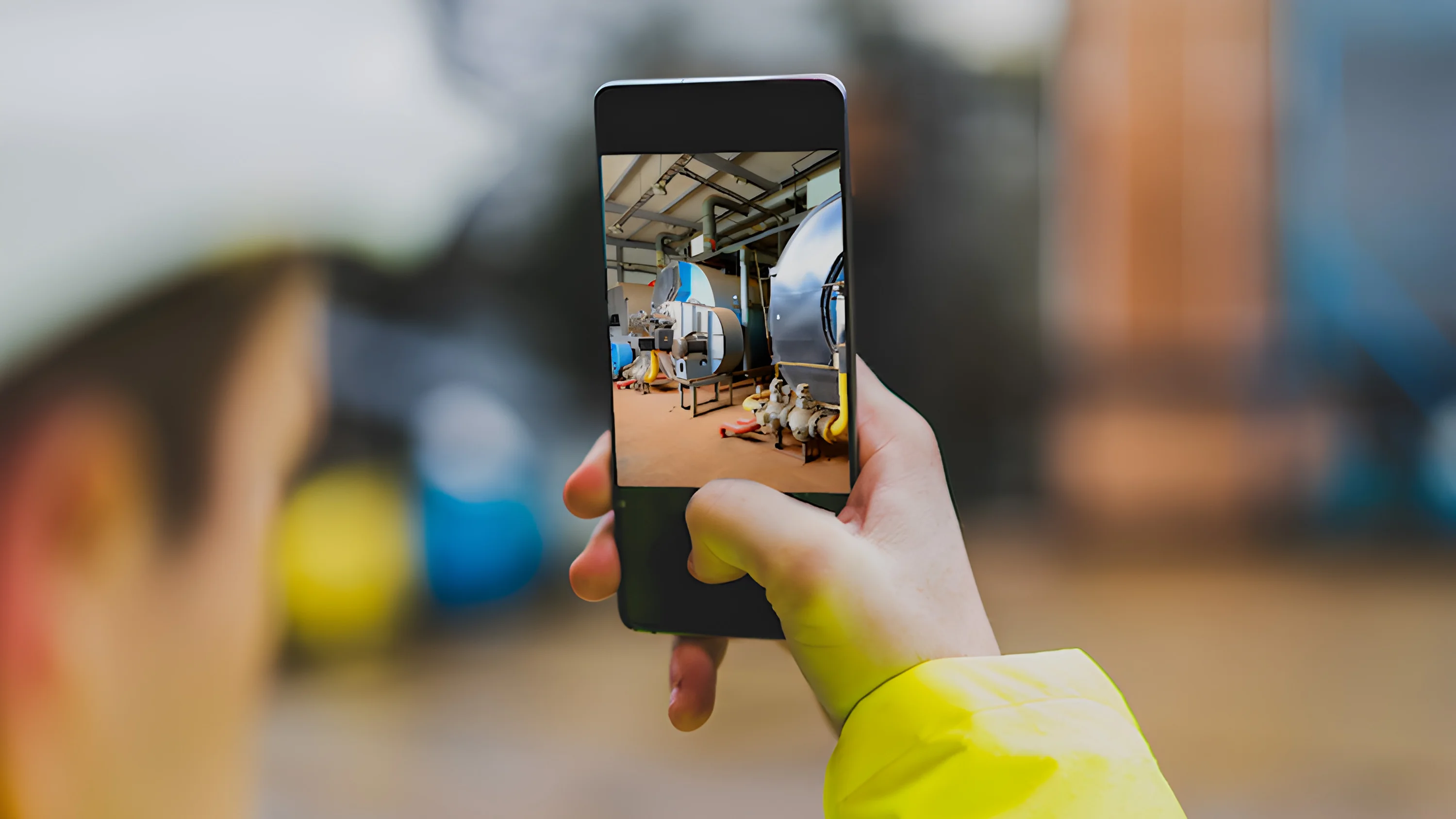 Individual holding up a phone in the camera app, scanning equipment in the field.